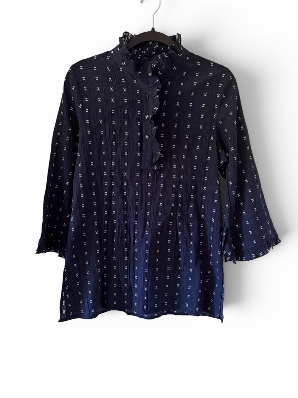 Rungolee Navy Ruffle Neck Printed Blouse | Size Small